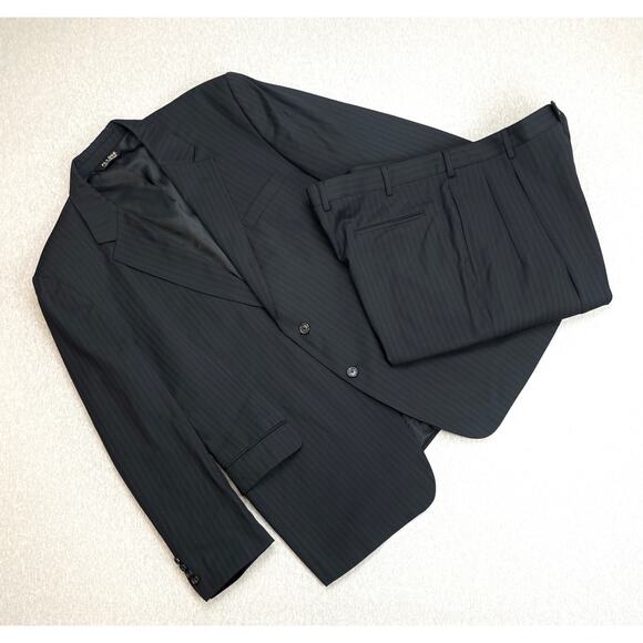 Jos A Bank Suite Men 48R Black Pinstripe 100% Wool Pants 42 x 29 - 2 Piece Set